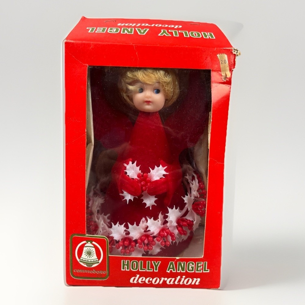 Vintage Commodore Christmas Angel Flocked‎ Red Decoration Holly Side Eye In Box